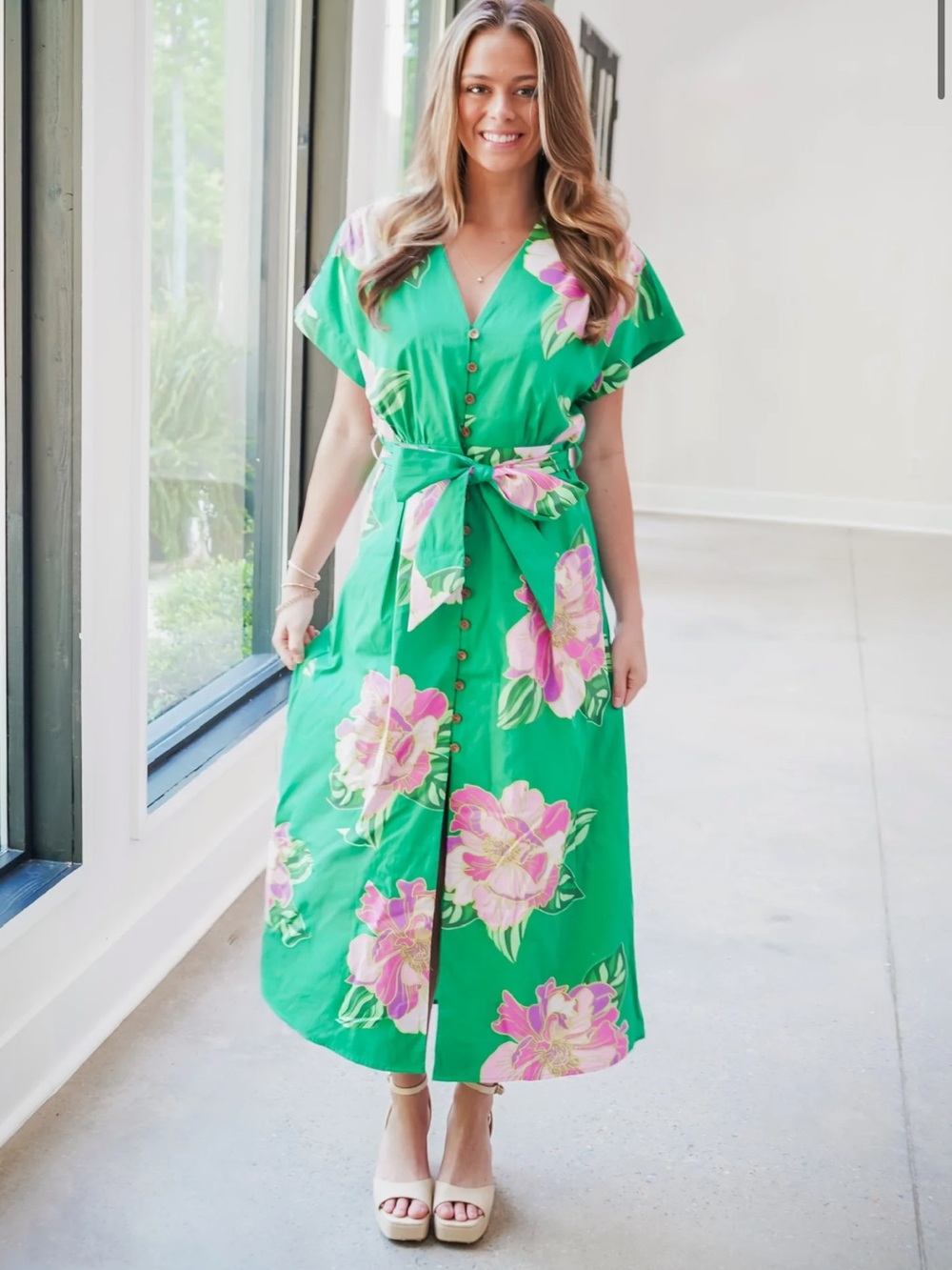 THML Briella Floral Print Midi Dress Medium